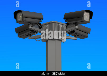Protezione di telecamere TVCC sul cielo blu, rendering 3D Foto Stock