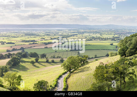 Vedute della Severn Vale dal Cotswold modo sul picco Coaley view point vicino a Stroud, Gloucestershire, England, Regno Unito Foto Stock