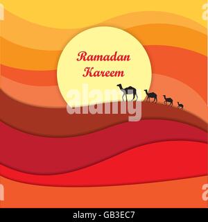 Il Ramadan kareem celebrazioni graphic design sul deserto astratto e cammelli in background Illustrazione Vettoriale
