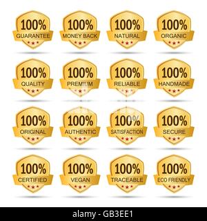 Raccolta di golden 100% icona logo etichetta badge. garanzia. il denaro indietro. naturale. organico. qualità. premium. Affidabile. fatti a mano. Illustrazione Vettoriale