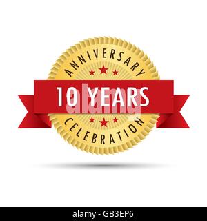 Dieci anni di anniversario, decimo anniversario gold icona badge logo vector graphic design Illustrazione Vettoriale