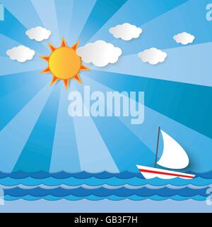 In barca a vela contro l'onda in mare sotto il sole che splende il fascio di luce in estate vector graphic design per lo sfondo Illustrazione Vettoriale