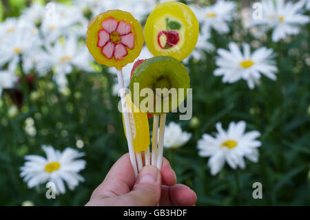 Caramella dolce su un bastone nella sua mano sullo sfondo sfocato di un giardino in fiore Foto Stock