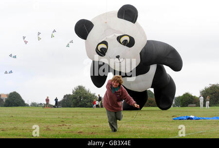 Kathleen Beattie, 44 anni, da Wokingham lotta per lanciare il suo panda in aria durante la corsa fino a Bristol International Festival of Kites & Air Creations di questo fine settimana a Bristol. L'evento si svolge ad Ashton Court, Bristol, il 30 agosto e il 31 agosto. Foto Stock