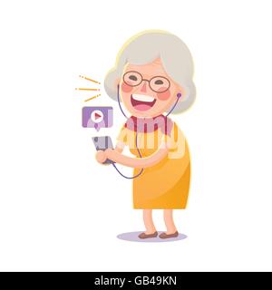 Illustrazione Vettoriale di felice la nonna guarda il filmato da Smart phone isolati su sfondo bianco, il simpatico personaggio dei fumetti Illustrazione Vettoriale
