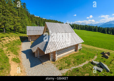 Tradizionali case di legno sul prato verde in estate, Monti Tatra, Polonia Foto Stock
