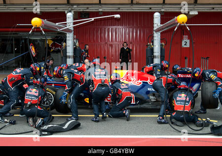 Pit-stop per il pilota tedesco Sebastian Vettel con la sua Red Bull Racing-Renault RB7, Auto Motor Sports, Formula 1 test presso il Foto Stock