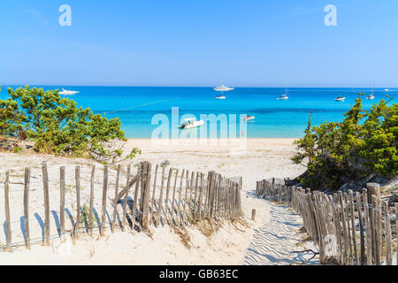 Percorso per la spiaggia di Saleccia con un mare azzurro acqua vicino Saint Florent, Corsica, Francia Foto Stock