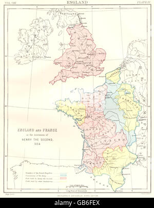 Inghilterra e Francia: all adesione di Enrico II, 1154.Britannica IX edizione 1898 mappa Foto Stock