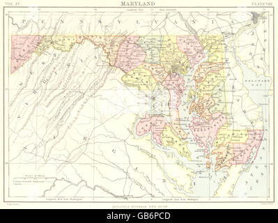 MARYLAND: Stato mappa che mostra le contee. La britannica 9a edizione, 1898 Foto Stock