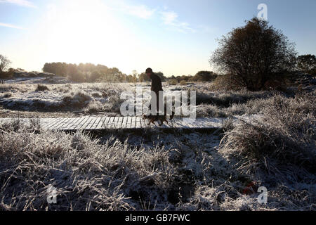 Camminatori al mattino presto in una frizzante mattinata a Sutton Park a Sutton Coldfield. Foto Stock