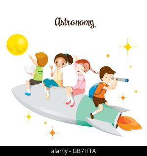 Bambini seduti su un razzo, andando verso la luna, si torna a scuola, educativo, cancelleria, Prenota, soggetti, Conoscenza, aiuto per l insegnamento Illustrazione Vettoriale