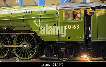 La locomotiva a vapore Tornado, la prima di recente costruzione per 50 anni, è stata presentata al Museo Nazionale ferroviario di York oggi con la livrea e le marcature verdi tradizionali di nuova applicazione. Foto Stock