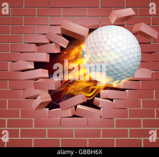 Una illustrazione di una masterizzazione flaming pallina da golf sul fuoco la lacerazione di una foro passante attraverso una parete di mattoni Foto Stock