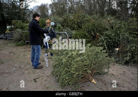 Rachel e Michael Lake riordinano il loro vecchio albero di Natale dalla loro casa a Clifton prima di gettarlo nel punto di raccolta di riciclaggio dell'albero di Natale fuori dallo Zoo di Bristol, Clifton. Foto Stock