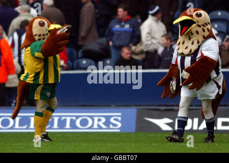 Le mascotte di West Bromwich Albion Baggie Bird Junior (l) e Baggie Gli uccelli intrattengono la folla prima del gioco Foto Stock