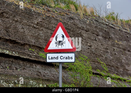 Isola di Ascensione Land Crab cartello stradale verde sulla strada di montagna appena al di là di due imbarcazioni Village Foto Stock