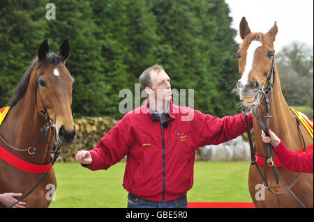 Horse Racing - David Pipe visita stable. L'addestratore David Pipe con Osana, (a sinistra) e il Capo del pozzo (a destra) durante la visita della stalla di David Pipe a Nicholashayne, Somerset. Foto Stock