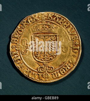 Denaro / finanza, monete, Sacro Romano Impero dell'Impero tedesco, moneta d'oro dell'imperatore Carlo V, coniato ad Anversa, 1543, diritti aggiuntivi-clearences-non disponibile Foto Stock