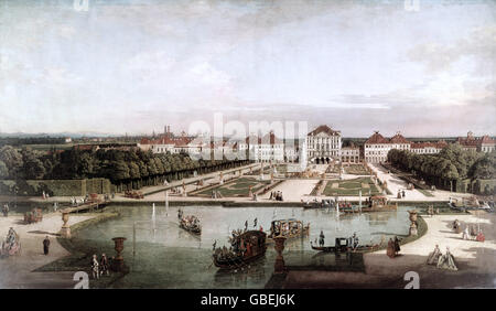 Belle arti, Bellotto, Bernardo, chiamato Canaletto (1721 - 1780), pittura, 'Il Palazzo di Nymphenburg dal lato parco', olio su tela, 1761, residenza di Monaco di Baviera, Foto Stock