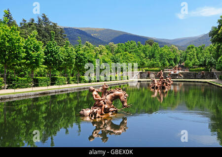 Laghetto, Palazzo Reale La Granja de San Ildefonso, ex residenza reale di estate, San Ildefonso, provincia Segovia Castiglia e Leon, Spagna / Castilla y Leon Foto Stock