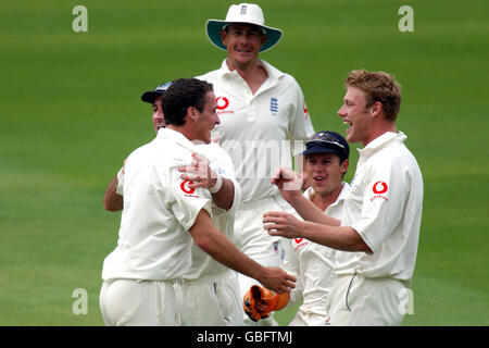 Simon Jones dell'Inghilterra (a sinistra) si congratula per aver preso il cazzo di Scott Styris di Graham Thorpe (nascosto), Ashley Giles, Geriant Jones e Andrew Flintoff Foto Stock