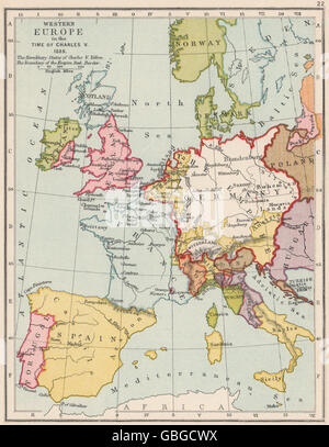 Sacro romano impero 1525: Europa occidentale al tempo di Carlo V, 1907 mappa vecchia Foto Stock