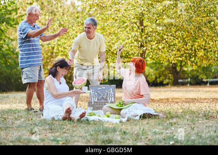 Gruppo di anziani divertendosi in attrezzate presso il parco in estate Foto Stock