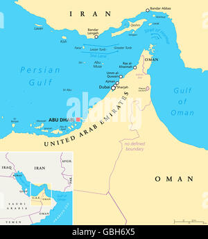 Stretto di Hormuz, Abu Musa e il Tunbs mappa politico. Solo il passaggio del mare dal Golfo Persico al Mare Arabico. Foto Stock