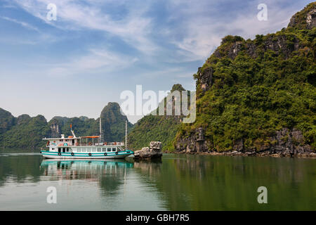 Barca a tassello da Hon Vit cond (anatroccolo Rock), la baia di Ha Long, Quang Ninh Provincia, Viet Nam Foto Stock