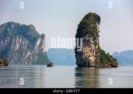 Ngon Tay isoletta nel canale a nord-est di Cat Ba Island, la baia di Ha Long, Quang Ninh, Viet Nam Foto Stock