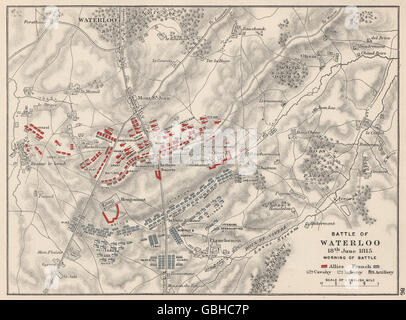 Battaglia di Waterloo: 18 giugno 1815 mattina della battaglia, 1907 Mappa antichi Foto Stock