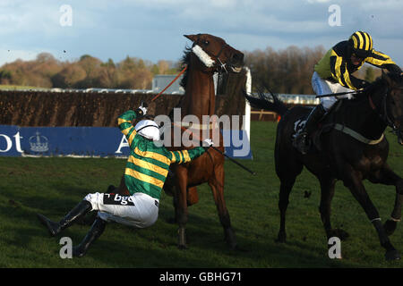 Tony McCoy cavalcando Hobbs Hill cade all'ultima recinzione dopo aver condotto il giornale indipendente Veterans' handicap Steeple Chase all'ippodromo di Ascot Foto Stock