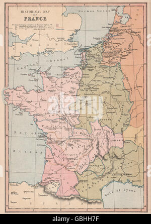 Territorio INGLESE IN FRANCIA: battaglie chiave/date. Data land persa. COLLINS 1880 mappa Foto Stock