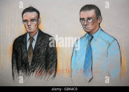 L'impressione di un artista su Dano Sonnex, 23 anni, e Nigel Farmer, 34 anni, durante un processo di omicidio all'Old Bailey di Londra. Entrambi gli uomini sono accusati di aver ucciso gli studenti francesi Laurent Bonomo e Gabriel Ferez in un appartamento a New Cross, nel sud-est di Londra. Foto Stock