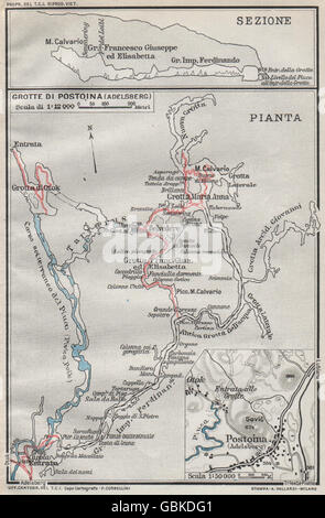 Le grotte di Postumia. Postojnska jama. Grotte di Postumia. Vintage map. La Slovenia 1924 Foto Stock