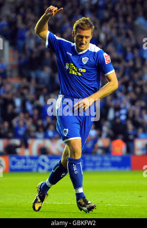 Calcio - Coca-Cola Football League 1 - Leicester City / Scunthorpe United - The Walkers Stadium. Steve Howard di Leicester City celebra la creazione dell'obiettivo di Michael Morrison Foto Stock