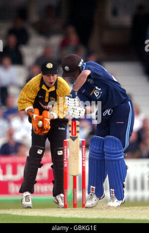 Greg Bewett di Surrey Lions suona un colpo e Kent Spitfires' Geraint Jones guarda Foto Stock