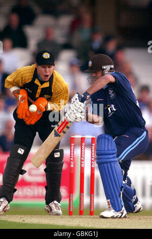 Greg Bewett di Surrey Lions suona un colpo e Kent Spitfires' Geraint Jones guarda Foto Stock