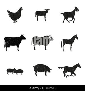 Gli animali della fattoria, set di silhouette su uno sfondo bianco. Butcher Shop Design modello. Texture grunge Illustrazione Vettoriale