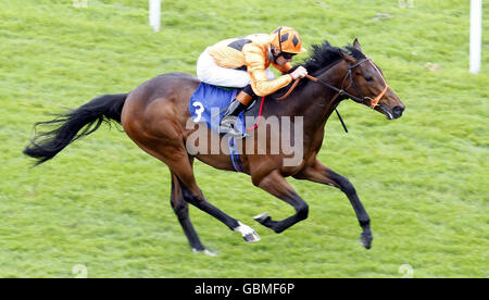 Canford Cliffs guidato da Richard Hughes sulla strada per vincere l'Absolute Hospitality Maiden Stakes al Newbury Racecourse, Berkshire. Foto Stock