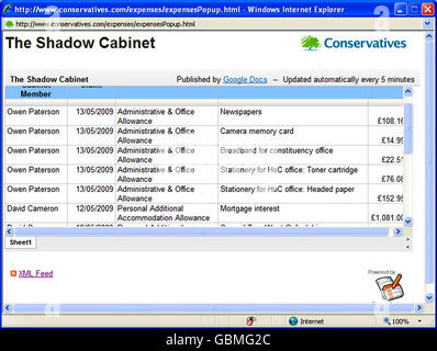 Screen grab preso dal sito del Partito conservatore che mostra North Shropshire MP Owen Paterson e leader del partito David Cameron's spese reclami. Le richieste di rimborso delle spese da parte dei senior Tories sono state pubblicate oggi online in base alle nuove regole di trasparenza imposte da David Cameron, tra cui circa 500 richieste di rimborso che il leader del partito vuole smantellato. Foto Stock