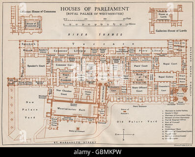 Le case del parlamento (Palazzo di Westminster) . Vintage map piano. Londra 1927 Foto Stock