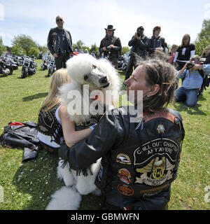 Oliver il poodle, vestito con la sua giacca bikers, con il suo proprietario, Robert Gunson, da Sheffield, a Lodmoor County Park, Warmwell Leisure Centre, Warmwell, vicino Dorchester, Dorset durante il Harley Davidson Owners Group annuale bike ride membri si incontrano. Foto Stock