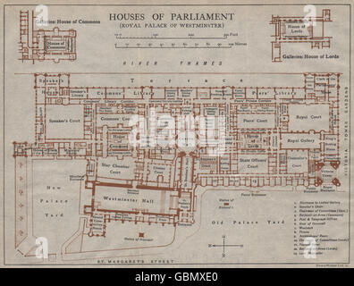 Le case del parlamento (Palazzo di Westminster) . Vintage map piano. Londra 1919 Foto Stock