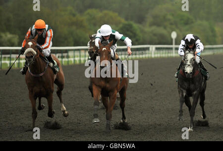 Art Man guidato da Ryan Moore (centro) vince la Hawfinch Handicap Stakes all'ippodromo di Lingfield, Surrey. Foto Stock