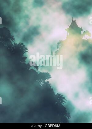 Modificabile illustrazione vettoriale di un tempio buddista in Misty Mountains realizzata con maglie di gradiente Illustrazione Vettoriale