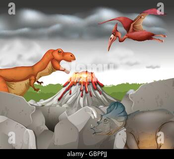 I dinosauri viventi sulla montagna illustrazione Illustrazione Vettoriale