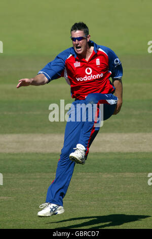 Cricket - NatWest Challenge - Inghilterra / India. Ashley Giles in Inghilterra celebra la presa del wicket della Virender Sehwag dell'India Foto Stock