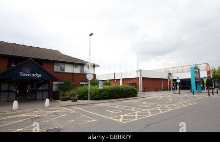 Il Travelodge at the autostrada serve sulla sezione ovest della M4 a Heston, Middlesex, dove Gareth MacDonald è stato assassinato con un estintore. Foto Stock